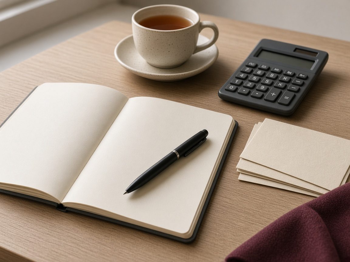 A notebook, pen, calculator, and cup of tea on a wooden desk