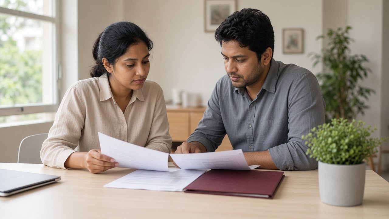 Two colleagues reviewing papers together at a meeting table