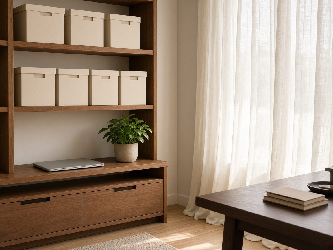 Plain archive boxes and a closed laptop on wooden office shelves